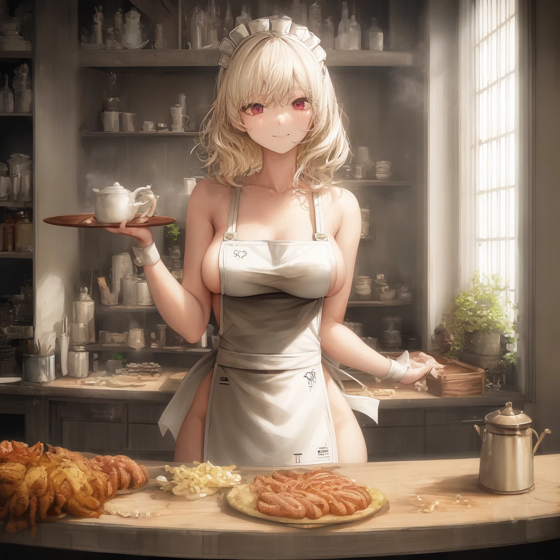 [Holara] 中長發 捲髮 室內的 側胸 傑作 裸體圍裙 [插畫]